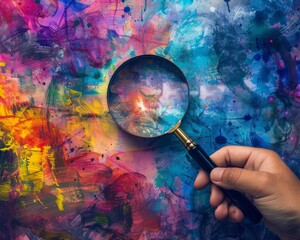 A hand holding a magnifying glass, focusing on a blank canvas with a single spark of color, symbolizing igniting creativity through close observation - Powered by Adobe