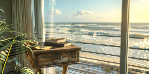 South Padre Island Serenity: A breezy desk on a seaside balcony overlooking the Gulf of Mexico, with the soft sound of waves crashing nearby.