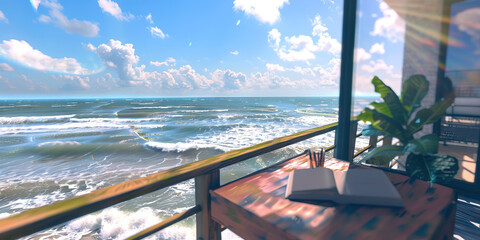 Fototapeta premium South Padre Island Serenity: A breezy desk on a seaside balcony overlooking the Gulf of Mexico, with the soft sound of waves crashing nearby.