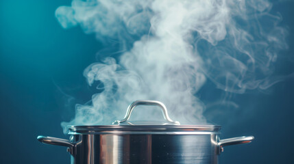 Close-up image of steam escaping from a stainless steel pot on a stove.