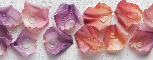 A photorealistic closeup of multiple rose petals in various shades of pink and purple