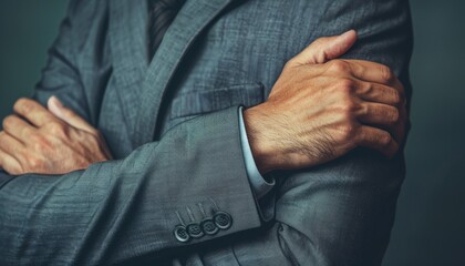 Craft an image of a male CEO in a charcoal grey business suit, visible from the torso up, placing...