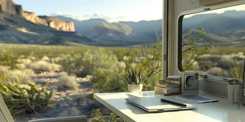 Fototapeta premium Big Bend Beauty: A minimalist desk set up in a serene, modern camper at Big Bend National Park, overlooking the stunning Chihuahuan Desert landscape