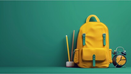 Yellow backpack with alarm clock and school equipment