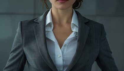 Craft an image of a female CEO in a charcoal grey business suit, visible from the torso up, placing one hand on the other arm