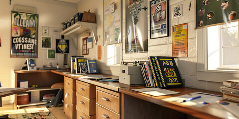 College Station Commune: A shared study desk in a dorm room at University, with posters and textbooks scattered about - Powered by Adobe