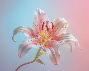 A single pink lily in full bloom, captured with a vintage lens effect, against a gradient background of rose pink and baby blue Ensure clear copy space in the center