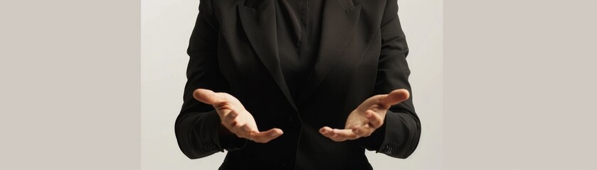 Construct an image of a female CEO wearing a formal black suit, torso visible, with hands gesturing openly