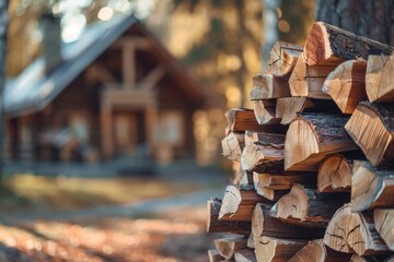 A stack of firewood neatly arranged, with a blurred shot of a cozy cabin nestled in the woods in the background
