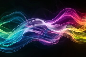 A swirling rainbow wave, abstract and fluid, with vibrant colors blending seamlessly against a black background Include a dedicated space for text in the center