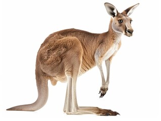 Kangaroo Kangaroo standing upright, side perspective to emphasize its strong tail and hind legs, isolated on white background.