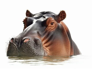 Hippopotamus Hippopotamus in water, only the head and back visible, side view showing its massive shape and large eyes, isolated on white background.
