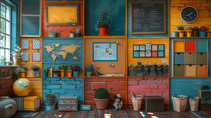interior of the house,
Picture collage of classroom interior with schoo 