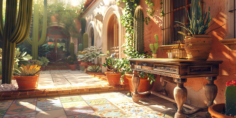 Obraz premium San Antonio Splendor: A vintage Spanish-style desk in a sunlit courtyard, surrounded by colorful tiles and potted cacti.