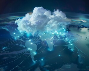 A world map with fiber optic cables tracing major trade routes, converging on a central cloud formation representing the global reach of cloud storage