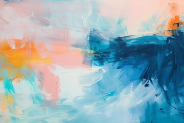 Depict the calming energy of a spring sunrise over the ocean with an abstract composition of soft blues, pinks, and oranges, rendered in loose brushstrokes