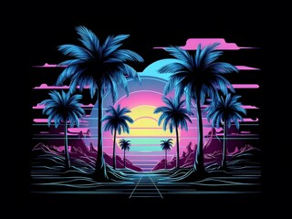 Synthwave sunset backdrop featuring neon blue palm trees in futuristic landscape