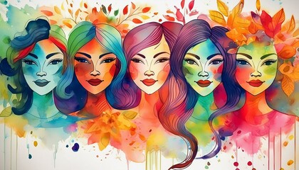 Obraz premium Colorful watercolor illustration of a group of women. AI generated.