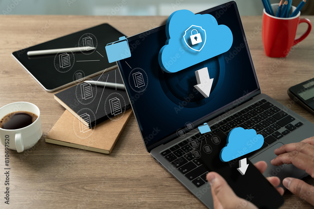Poster backup concept business transfer files receiver and computer backup copy to database storage cloud t