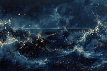 Imagine a powerful storm at sea, translated into an abstract artwork with deep navy blues and flashes of gold, representing crashing waves and bolts of lightning