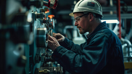 A skilled male worker in a helmet fine-tunes machinery in an industrial setting, showcasing professionalism and focus.
