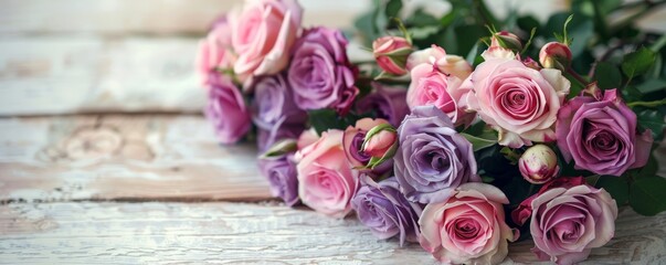 A bright and airy composition showcasing a bunch of loosely tied pink and purple roses with a few gold rosebuds peeking out