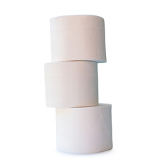 Side view of tissue paper rolls in stack isolated on white background with clipping path