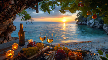 sunset over the lake in mountains,
Image of beautiful evening picnic on the sea sho