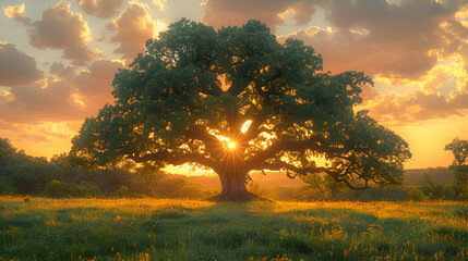 sunrise in the forest,
Image of Oak Tree in Forest with Golden Sky at S