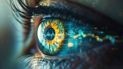 Close-Up of an Eye with Stock Market Charts Reflected in It, Set Against a Futuristic Background, Captured in Cinematic Hyper-Realistic Photography Style