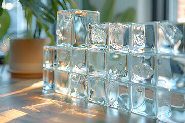 ice cubes in a glass,
Many glass or plastic cubes are stacked on top o 
