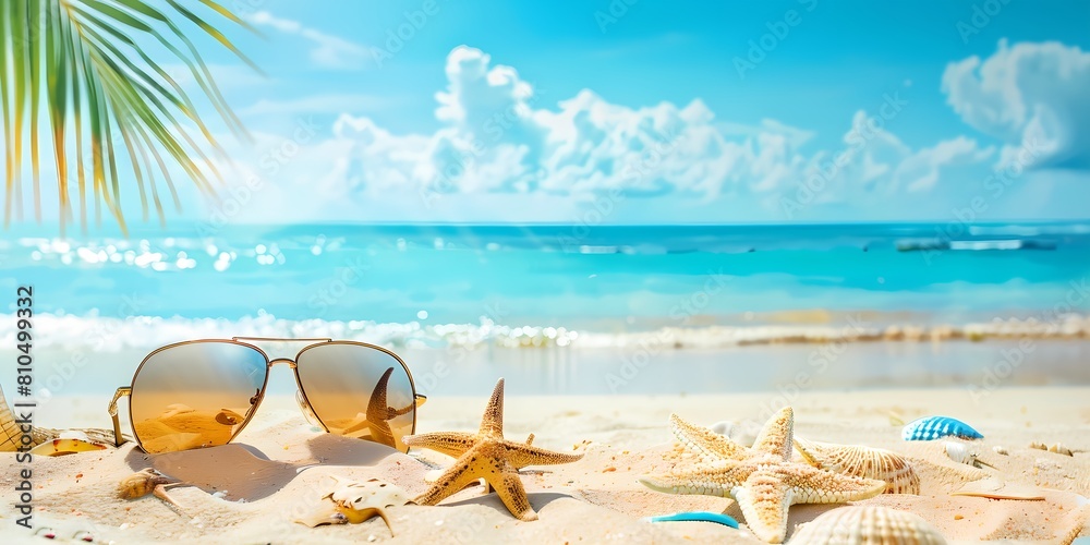 Wall mural a pair of sunglasses and starfish on a beach with a palm tree and ocean in the background with a blue sky - Wall murals