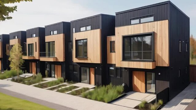 Row of modern modular private townhouses with wooden cladding. Residential architecture exterior