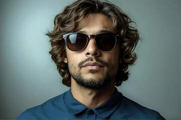 Obraz premium Cool Young Man Curly Brown Hair Beard Denim Shirt Dark Sunglasses Gray Background Copy Space