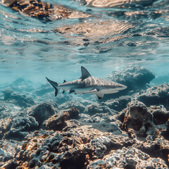 Underwater Serenity: Majestic Shark Gliding Over Coral Reef