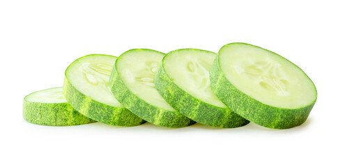 Side view set of green cucumber slices or pieces isolated on white background with clipping path