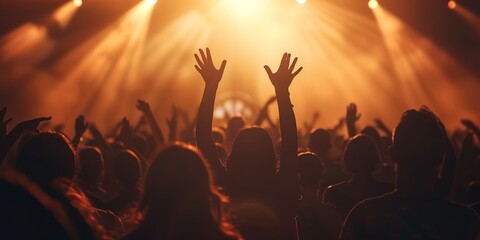 a crowd of people at a concert with their hands up in the air and lights shining down on them