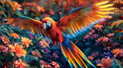Vibrant Scene of a Colorful Parrot Flying Through the Jungle, Surrounded by Vivid Flowers and Leaves, Featuring Hyper-Realistic and Highly Detailed Illustration of Tropical Wildlife