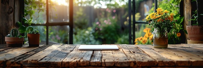 Fototapeta premium tablet on a wooden table with flowers in a vase and a window in the background with a view of a garden
