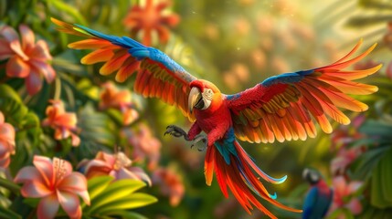 Vibrant Scene of a Colorful Parrot Flying Through the Jungle, Surrounded by Vivid Flowers and Leaves, Featuring Hyper-Realistic and Highly Detailed Illustration of Tropical Wildlife