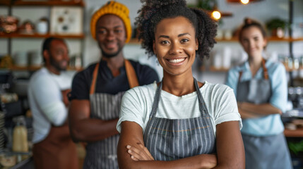 Smiling African American woman in a cafe with her diverse team of co-workers in the background. - Powered by Adobe