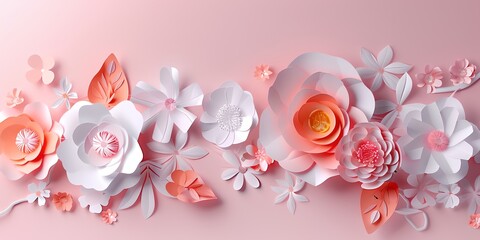 A colorful bouquet of flowers is arranged in a row on a pink background. The flowers are made of paper and are of various sizes and colors, including red, yellow, and orange