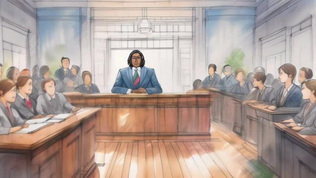 A gorilla wearing a suit stands at a podium in a courtroom, facing a jury of human professionals. 
