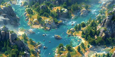 river surrounded by mountains and trees in a fantasy world with a lot of rocks and water