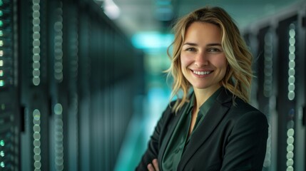 Obraz premium Portrait of a Beautiful Woman in Black Suit and Green Shirt, Smiling at the Camera Against the Background of a Dark Server Room with Glowing Data Center Equipment, Specialized Data Services