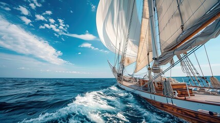 a close up shot of JACOB MEINDERT two-masted schooner sailing on the ocean, blue skies, a sense of cinema. copy space for text.