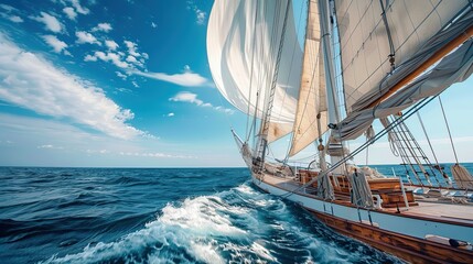 Fototapeta premium a close up shot of JACOB MEINDERT two-masted schooner sailing on the ocean, blue skies, a sense of cinema. copy space for text.