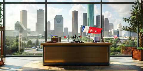 Houston Hustle: A sleek, minimalist office with a desk and a view of the Houston skyline, complete with a Texas state flag and an oil derrick model