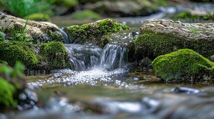 Refreshing Water Stream Flowing Through Mossy Rocks