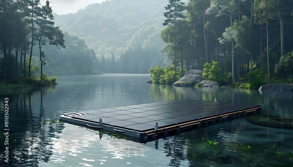 Wall mural showcasing the innovation of a floating solar array on a serene lake